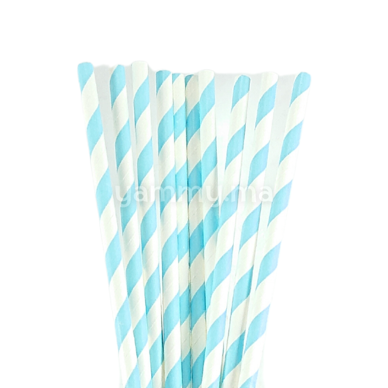 25 Pailles Papier pour Cake Pops Rayées Blanc & Bleu Clair Cèrulé