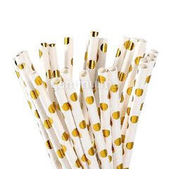 25 Pailles Papier pour Cake Pops Blanc avec Cercles Or