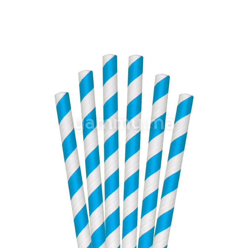 25 Pailles Papier pour Cake Pops Rayées Blanc & Bleu Azur