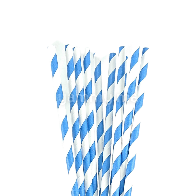 25 Pailles Papier pour Cake Pops Rayées Blanc & Bleu Azur