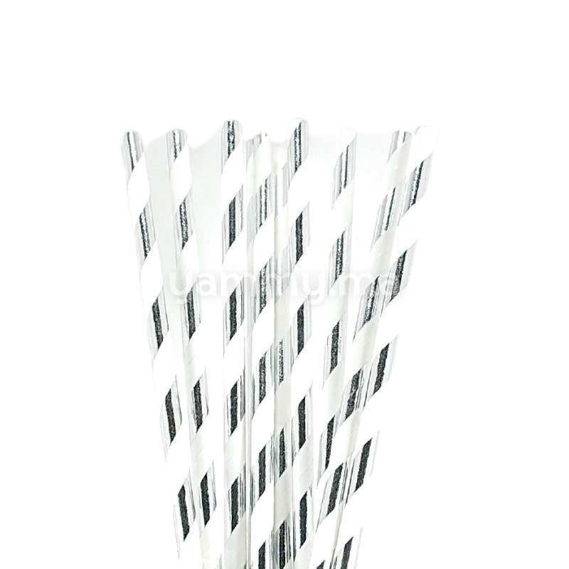 25 Pailles Papier pour Cake Pops Rayées Blanc & Argent