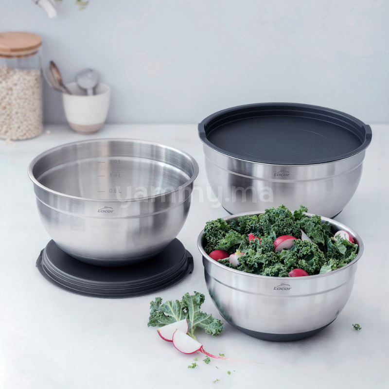 SET. 3 Bols et Bassines en Inox avec Couvercles 20-22-24 cm - Lacor 60051