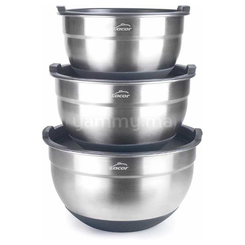 SET. 3 Bols et Bassines en Inox avec Couvercles 20-22-24 cm - Lacor 60051