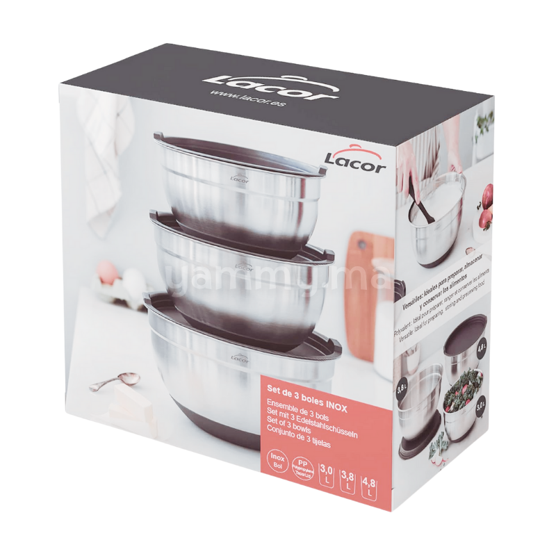 SET. 3 Bols et Bassines en Inox avec Couvercles 20-22-24 cm - Lacor 60051