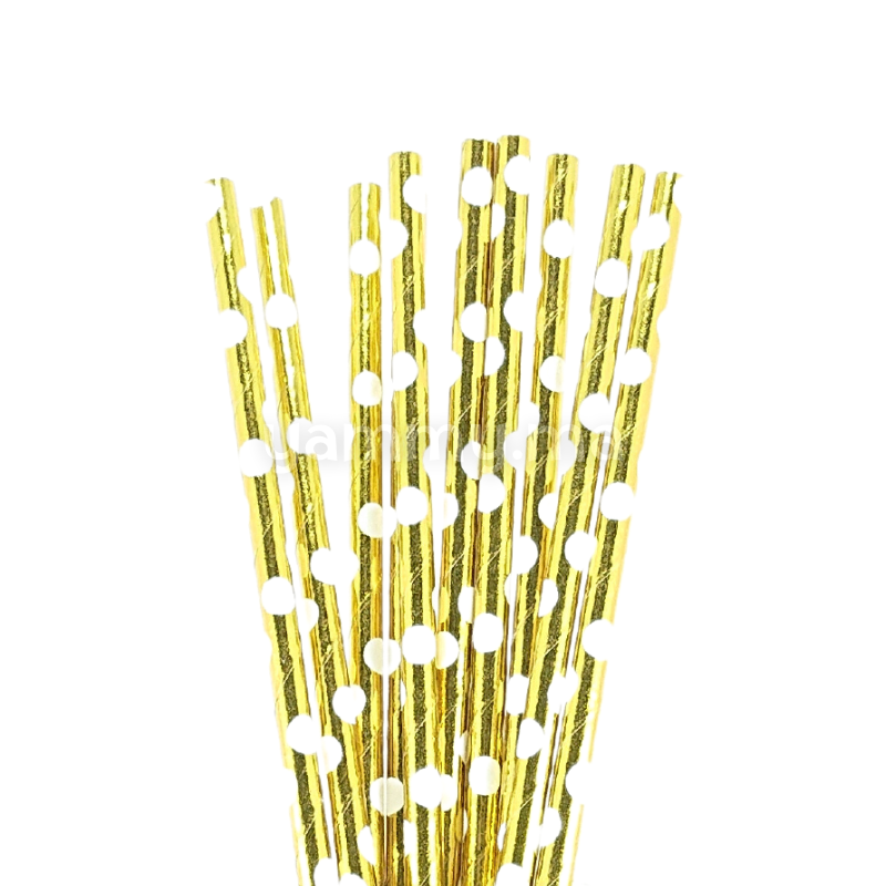 25 Pailles Papier pour Cake Pops Or avec Cercles Blanc