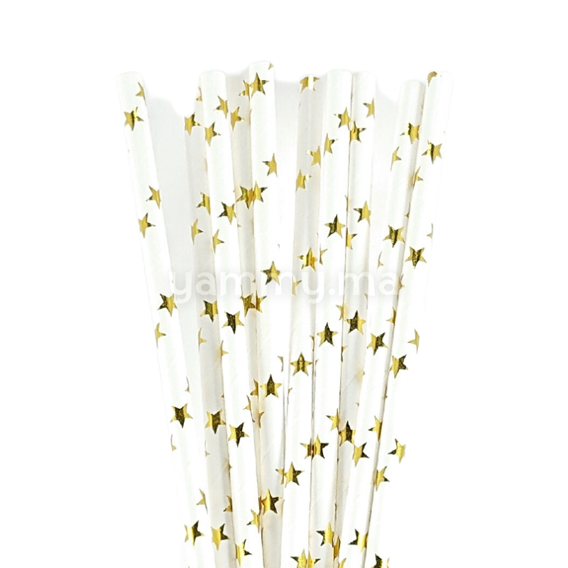25 Pailles Papier pour Cake Pops Clanc avec Étoiles Or
