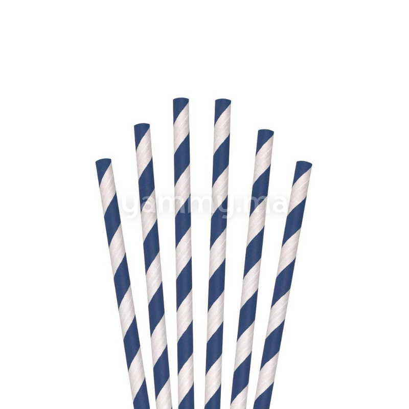 25 Pailles Papier pour Cake Pops Rayées Blanc & Bleu Cobalt