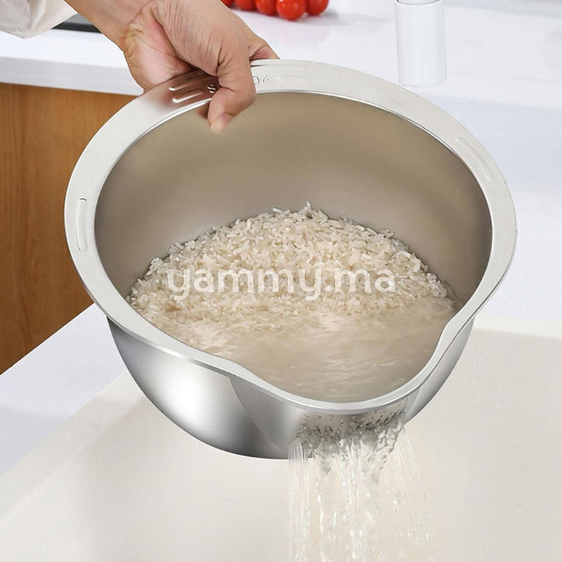 Bol et Passoire de Lavage de Riz et Légumes en Inox Ø 24 cm
