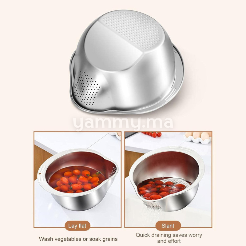 Bol et Passoire de Lavage de Riz et Légumes en Inox Ø 24 cm