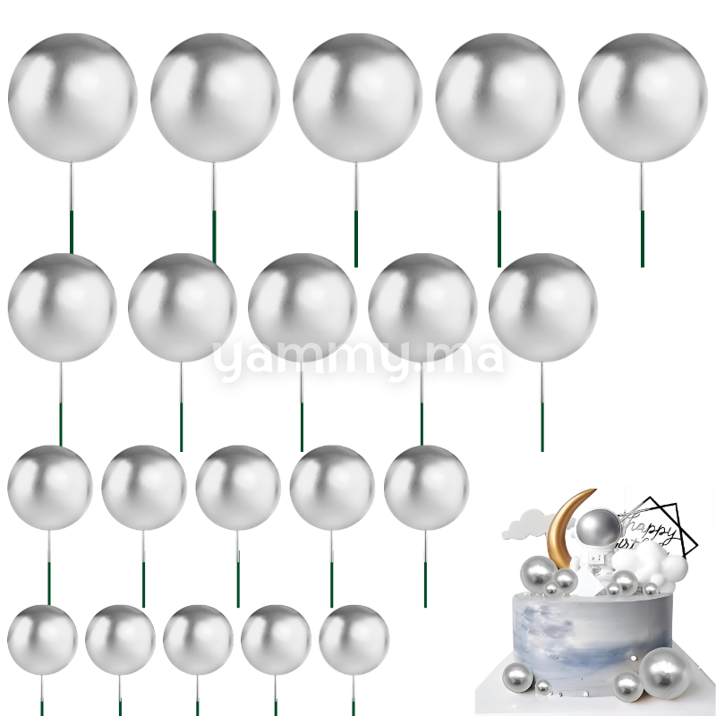 SET. 20 Décorations de Gâteau en Forme de Boules Argent