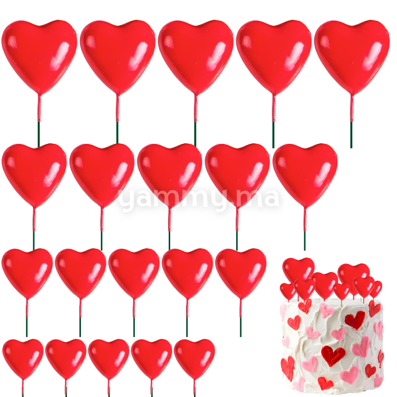 SET. 20 Décorations de Gâteau en Forme de Coeurs Rouge