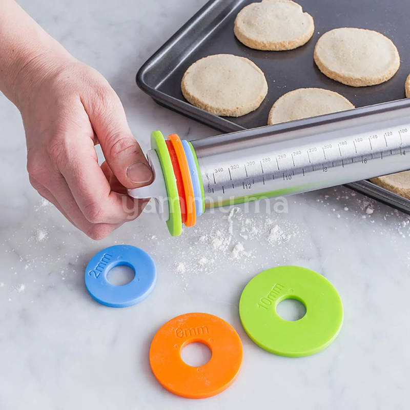 Rouleau à Patisserie en Inox avec Anneaux d'épaisseur 35 cm
