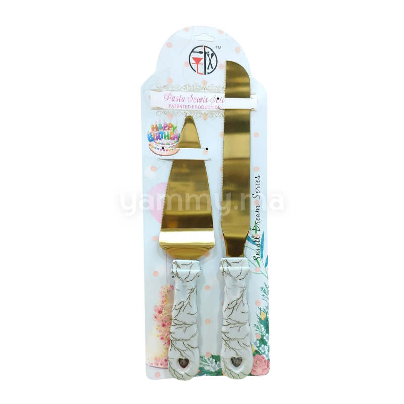 Couteau et Pelle à Gâteau Mariage en Inox Doré & Manche Marbre Blanc