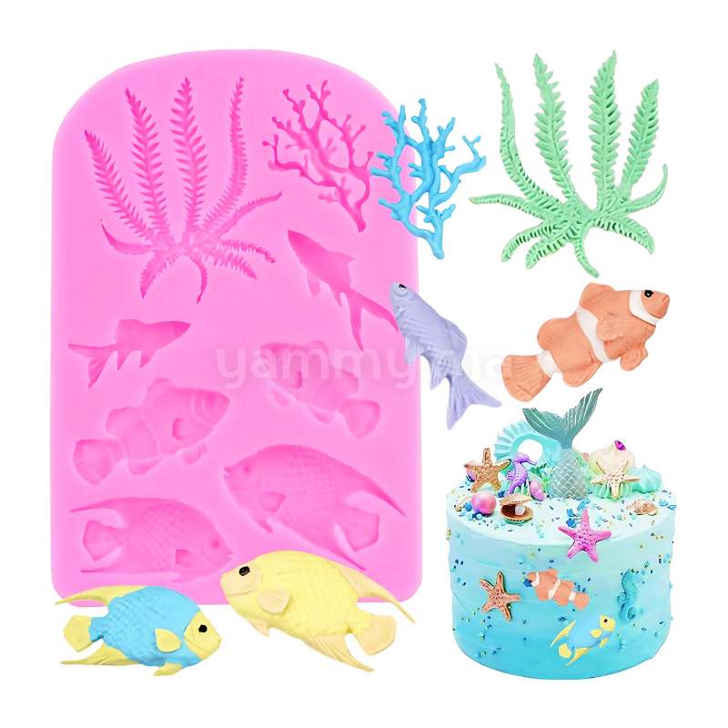 Moule Silicone Thème Mer – 2 Algues & 6 Poissons