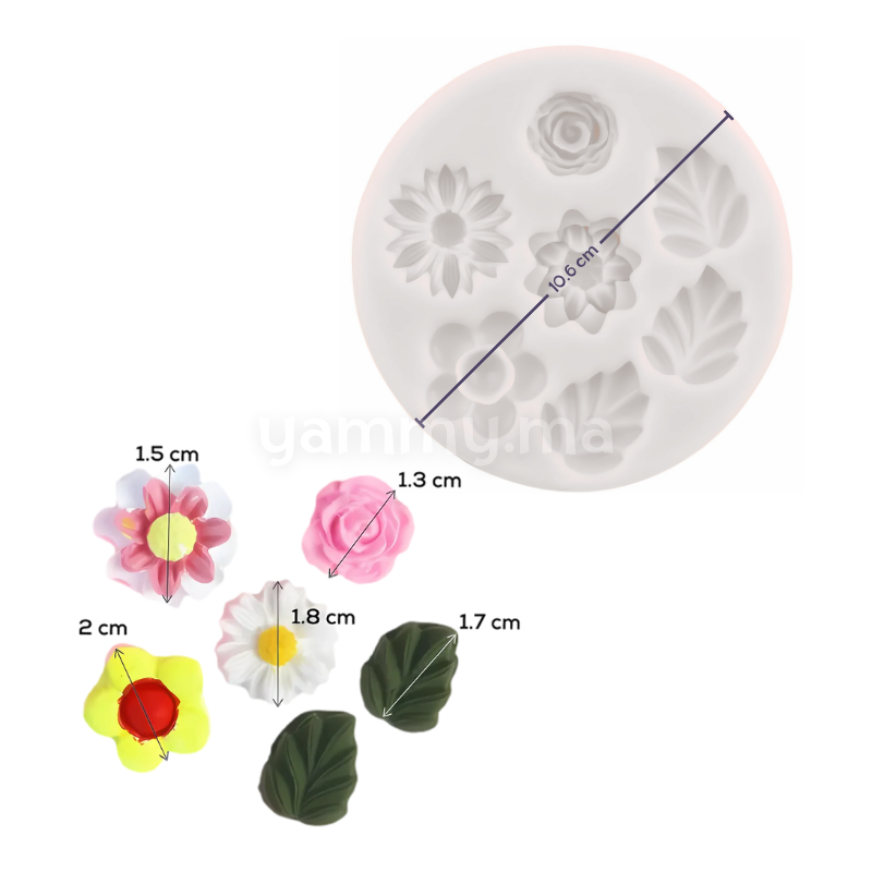 Moule Silicone 4 Mini Fleurs et 3 Feuilles