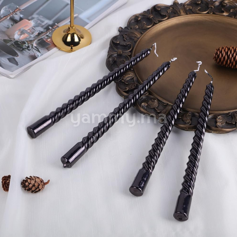 SET. 4 Bougies Coniques en Spirale 25 cm Noir Métallique
