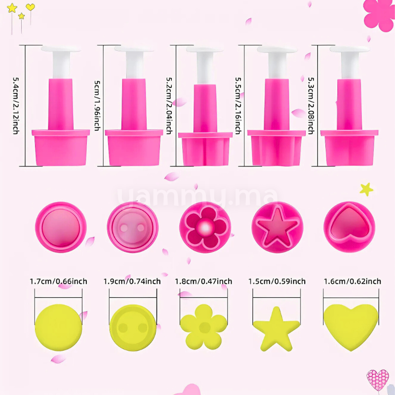 SET. 5 Mini Emporte-pièces avec Poussoir – Étoile, Bouton, Fleur, Cœur, Rond
