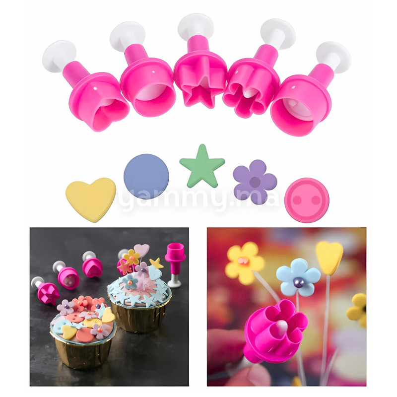SET. 5 Mini Emporte-pièces avec Poussoir – Étoile, Bouton, Fleur, Cœur, Rond