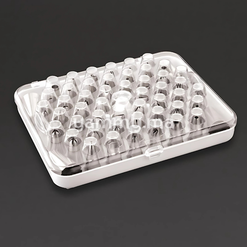 Coffret de 52 Mini Douilles Pâtissières en Inox avec Adaptateur et 2 Clous à Fleur