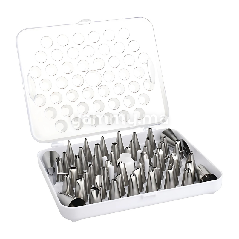 Coffret de 52 Mini Douilles Pâtissières en Inox avec Adaptateur et 2 Clous à Fleur